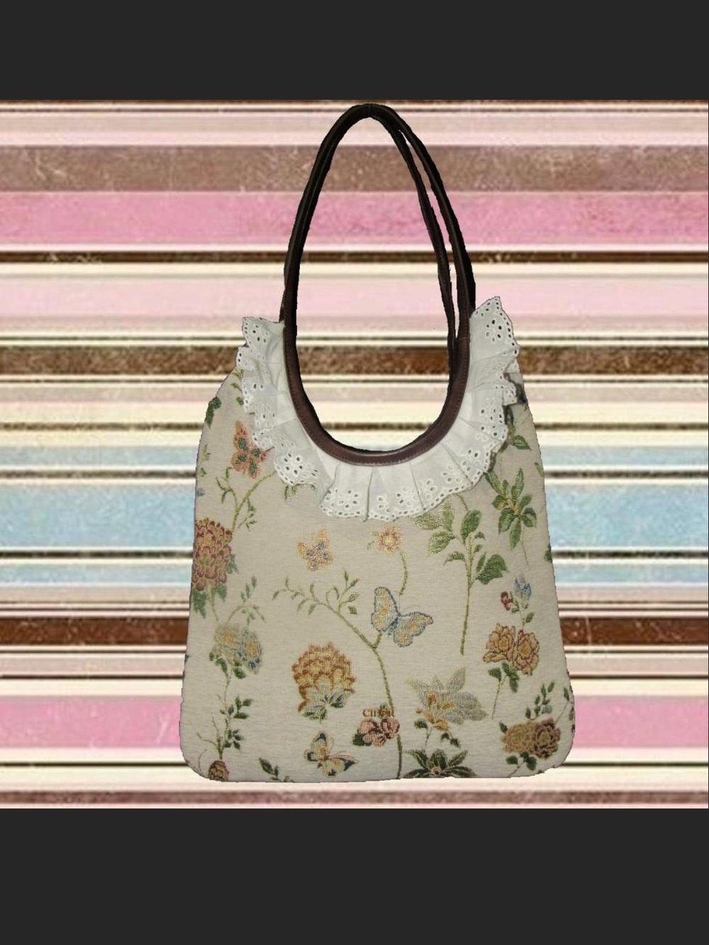 Cider Cream Floral Embroidered Shoulder Bag with Dark Handles